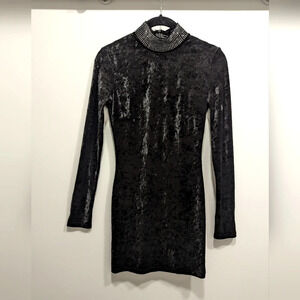Black Crushed Velvet Studded Mock Neck Long Sleeve Mini Dress Size Small